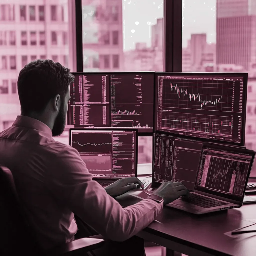 Sala de trading institucional con monitores múltiples